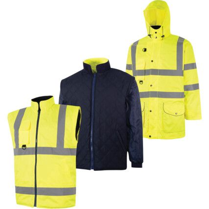 Hi-Vis Reversible Coat, 5-in-1, Waterproof, Small, Yellow, Polyester, EN20471