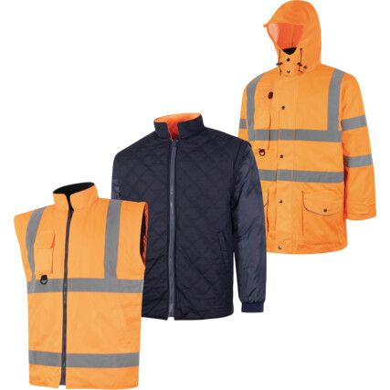 Hi-Vis Reversible Coat, 5-in-1, Waterproof, Small, Orange, Polyester, EN20471