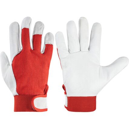 General Handling Gloves, Red/White, Leather Coating, Cotton Lined, Size 7
