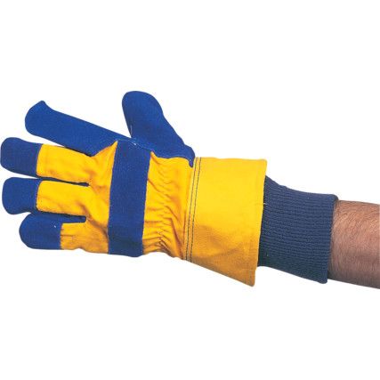 Cold Resistant Gloves, Blue/Yellow, Cotton/Synthetic Fiber Liner, Leather Coating, Size 9